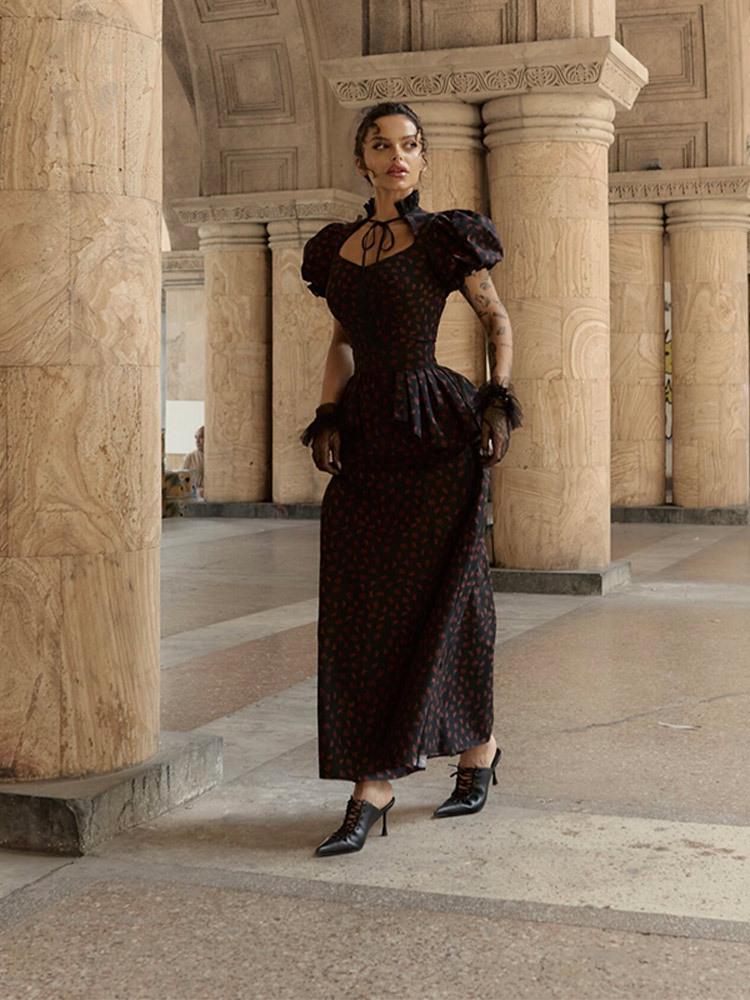Autumn 2026 Women's Puff Sleeve Polka Dot Slim Fit Long Dress with Detachable Hem