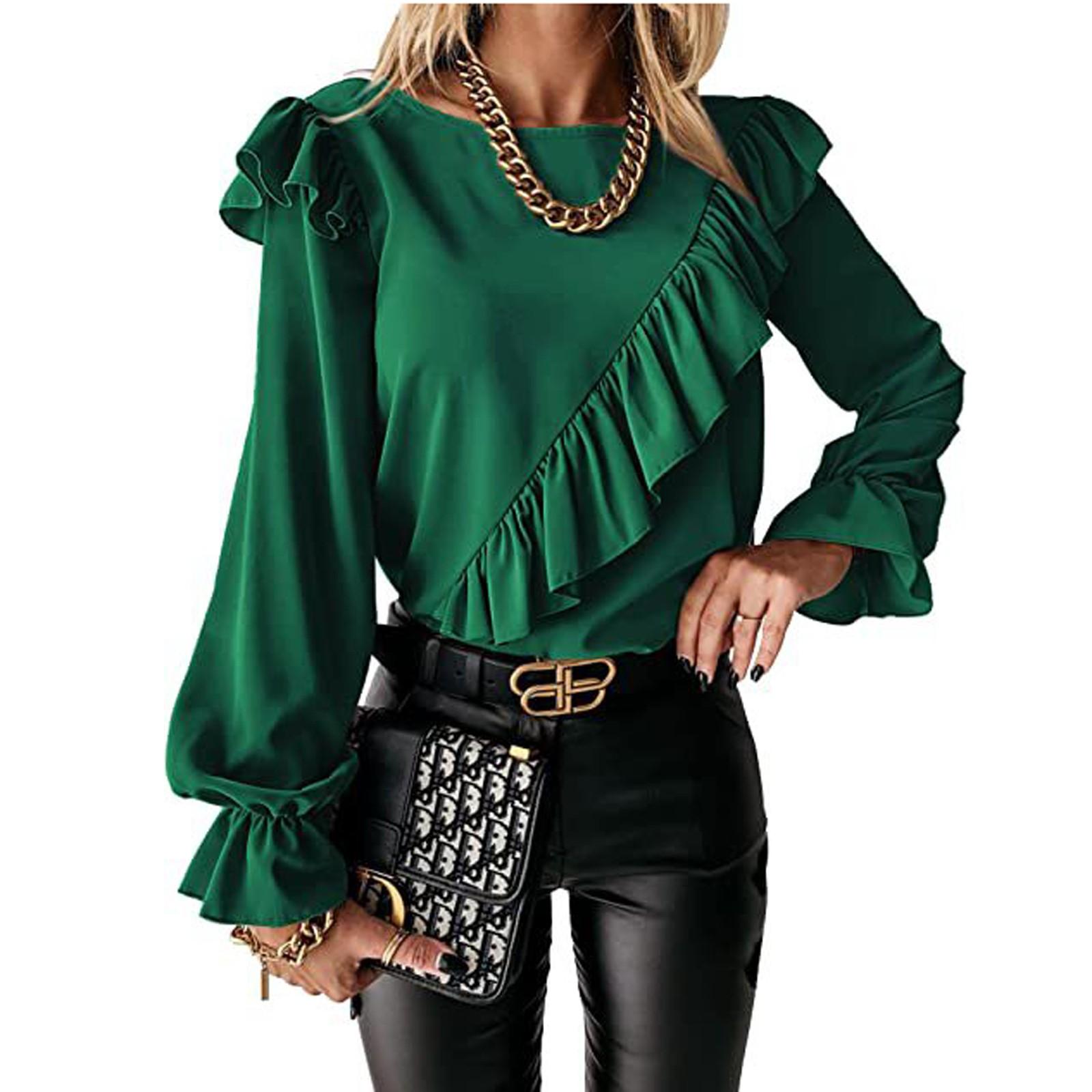 Women s Irregular Set Head Round Neck Color Long-sleeved Chiffon Shirt S зелёный