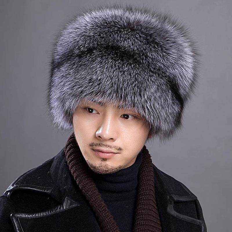 Fox Fur Hat Men's Winter Fur Mongolian Cap 100% Genuine Fox Fur Bomber Hats Warm Ear-protecting Ski Hat