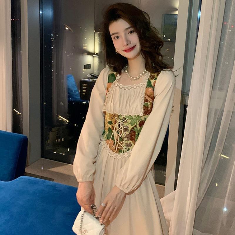 New atmosphere wear heavy industry embroidery fake two-piece dress women's autumn wear with lining