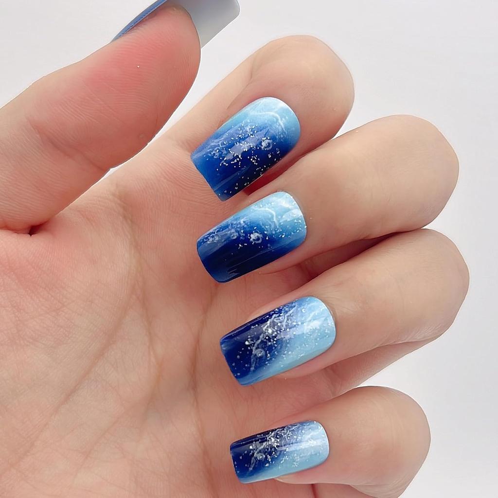 Press On Nails High Fashion Deep Sea Waves Blue Painted Short Medium Square Wearable Nails 12 Sizes - 24 Pcs Gel False Nail Set