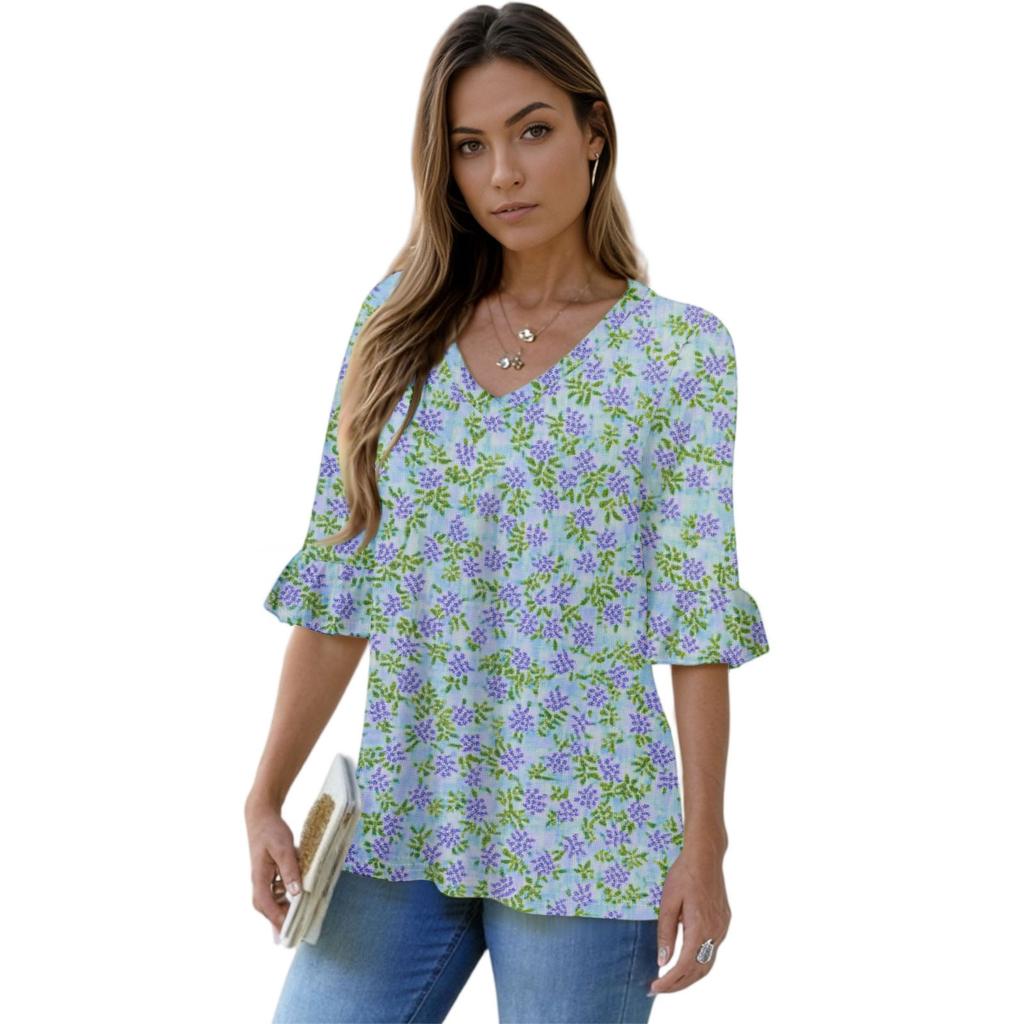 Women's Casual 3/4 Sleeve Tops V-Neck Sleeve T-Shirt Floral Print Tops