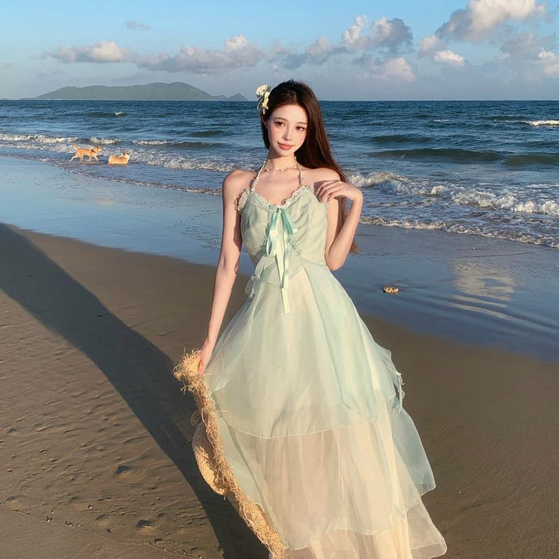 Summer Sense Seaside Photo Vacation Dress Mint Mambo Dopamine Wear Fairy Suspender Long Dress Girl