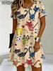 Fun and Cute Cat Print Round Neck Short Sleeved Loose Fit Summer Women's A-Line Dress
