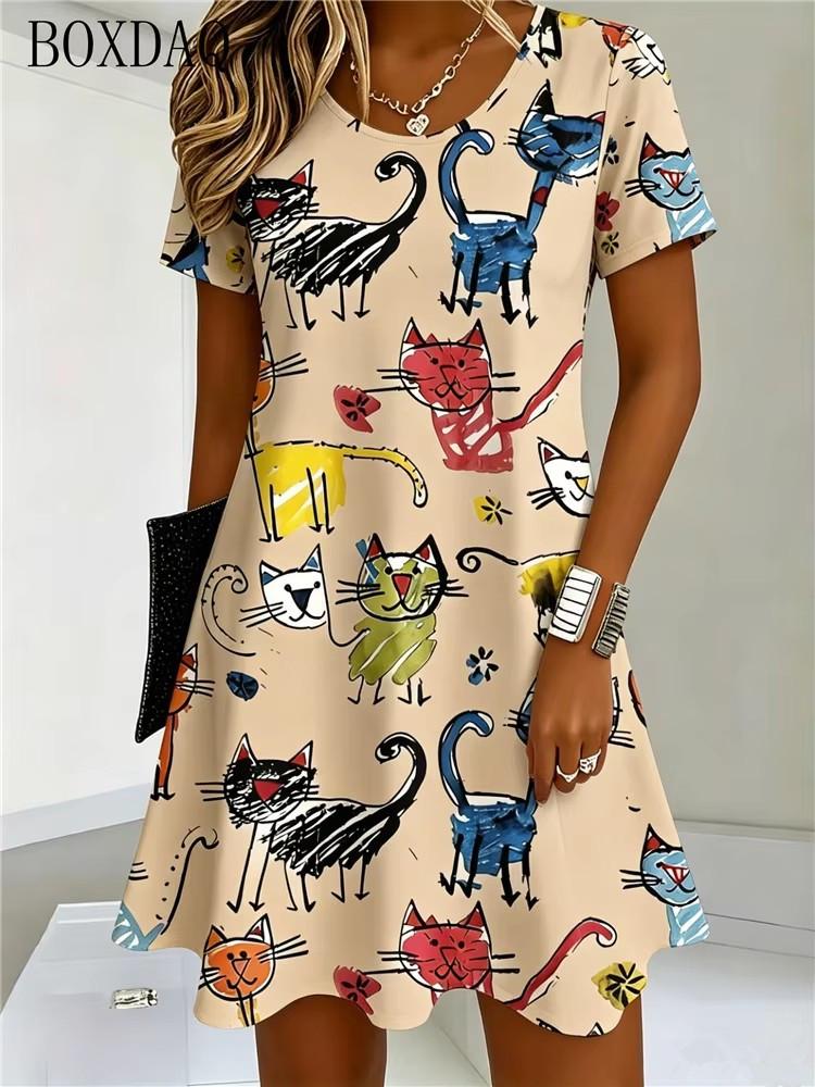 Fun and Cute Cat Print Round Neck Short Sleeved Loose Fit Summer Women's A-Line Dress