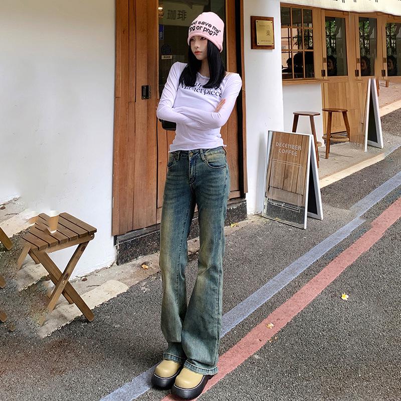 2024 American Vintage Spicy Girl Low-Waist Micro-Flare Stretch Denim Pants for Women Small