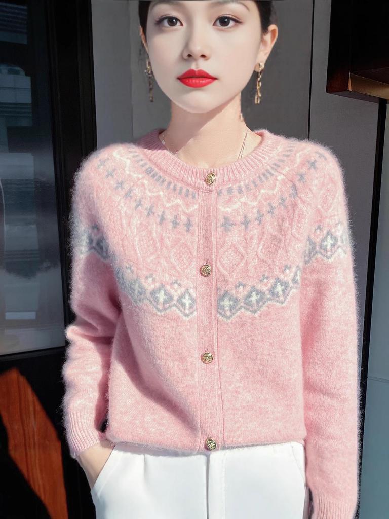 Women's Autumn-Winter Color Block 100% Wool Jacquard Cardigan – Round Neck, Age-Reducing, Versatile Knitwear