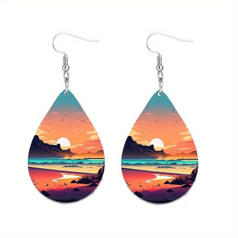 Colorful Aurora & Ocean Sunrise Pattern PU Faux Leather Earrings Women's Fashion Water Drop Dangle Earrings