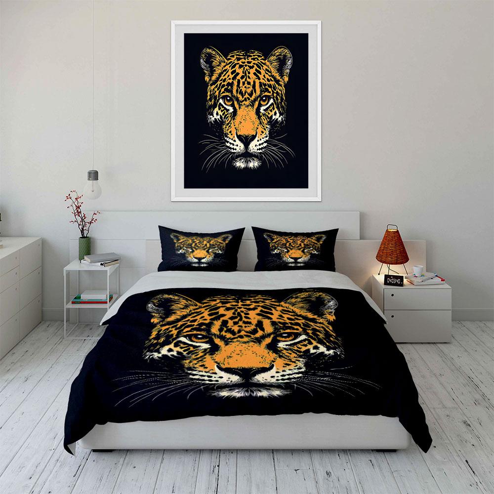 Leopard Face Illustration on Black Background Print Bedding Set Duvet Cover Pillowcases (1* Duvet Cover 2* Pillowcases Do Not Include Comforter)