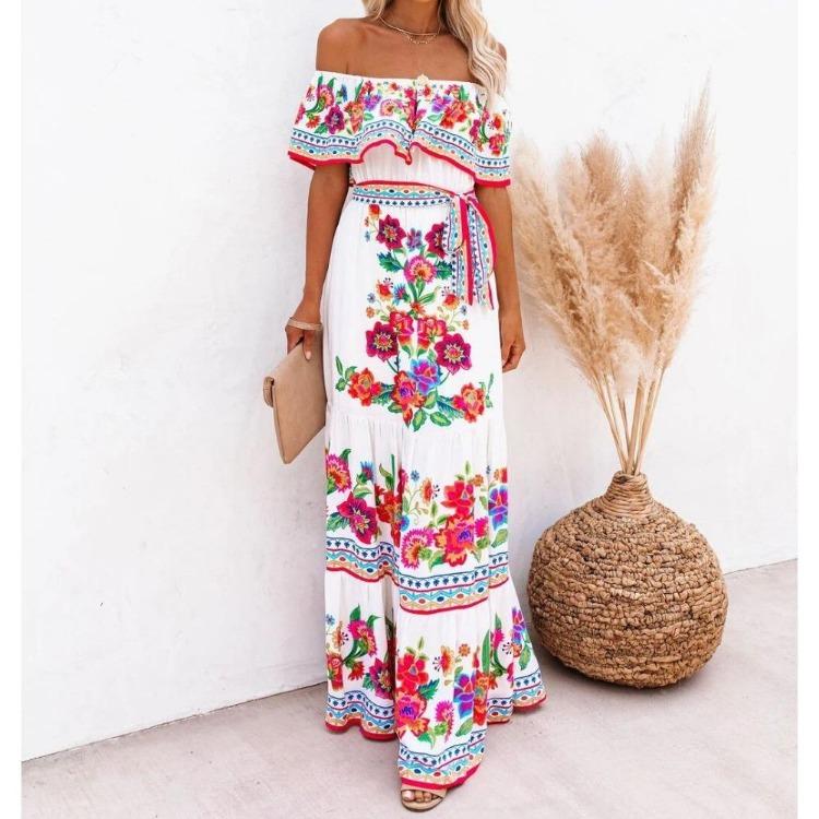

Elegant Bohemian Floor Length Dress for Women Floral Print Slash Neck Retro Waist Dress 2XL белый