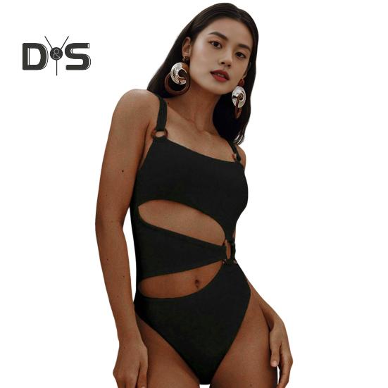 Women Monokini Padded Underwire Solid Color Square Neck One-Piece Bikini with Hollow Design Beach Vacation Swimwear