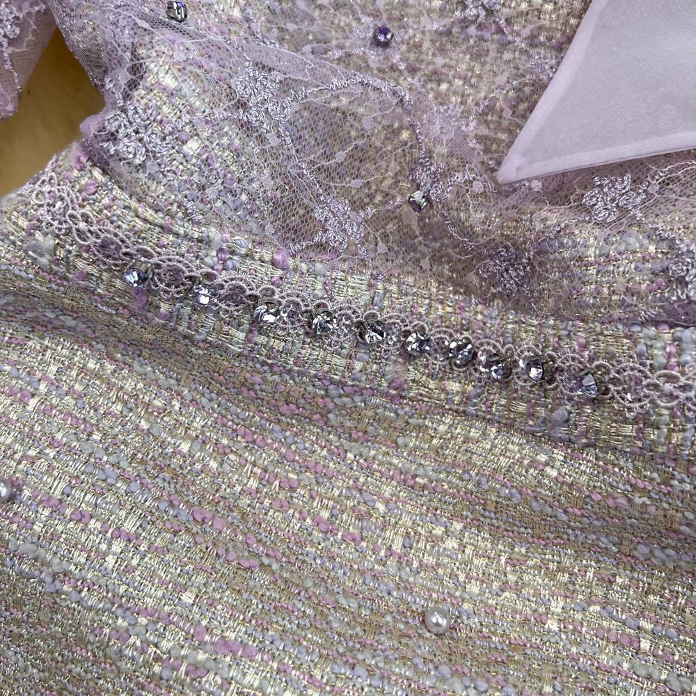 Jaro podzim ženy elegantní fialová výšivka síťovaná tvídová patchworková párty šaty motýlek korálkové mini krátké šaty