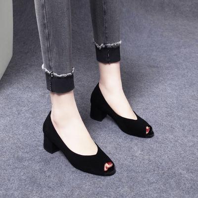 High Heels Women's Shoes Spring and New Fish Mouth Shoes Black Sheepskin Thick Heel Fashion Shoes Temperament Single Shoes