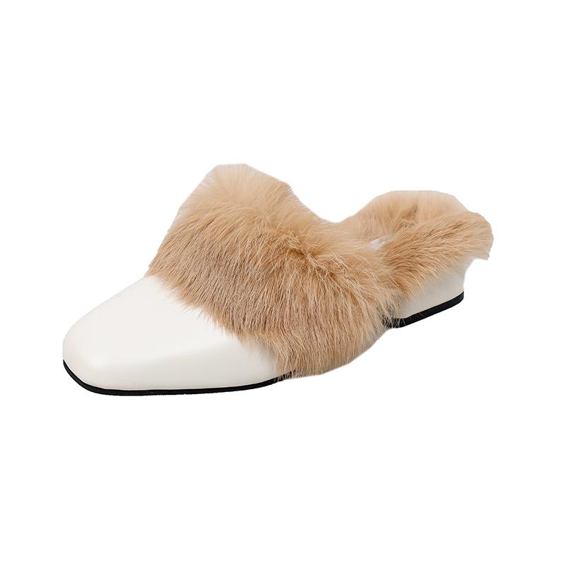 Fashion Aphixta Winter Gingham Upper Long Real Rabbit Fur Plush Women Slippers Nature Warm Furry Shoes Square Toe Flat Heel Hair Slides
