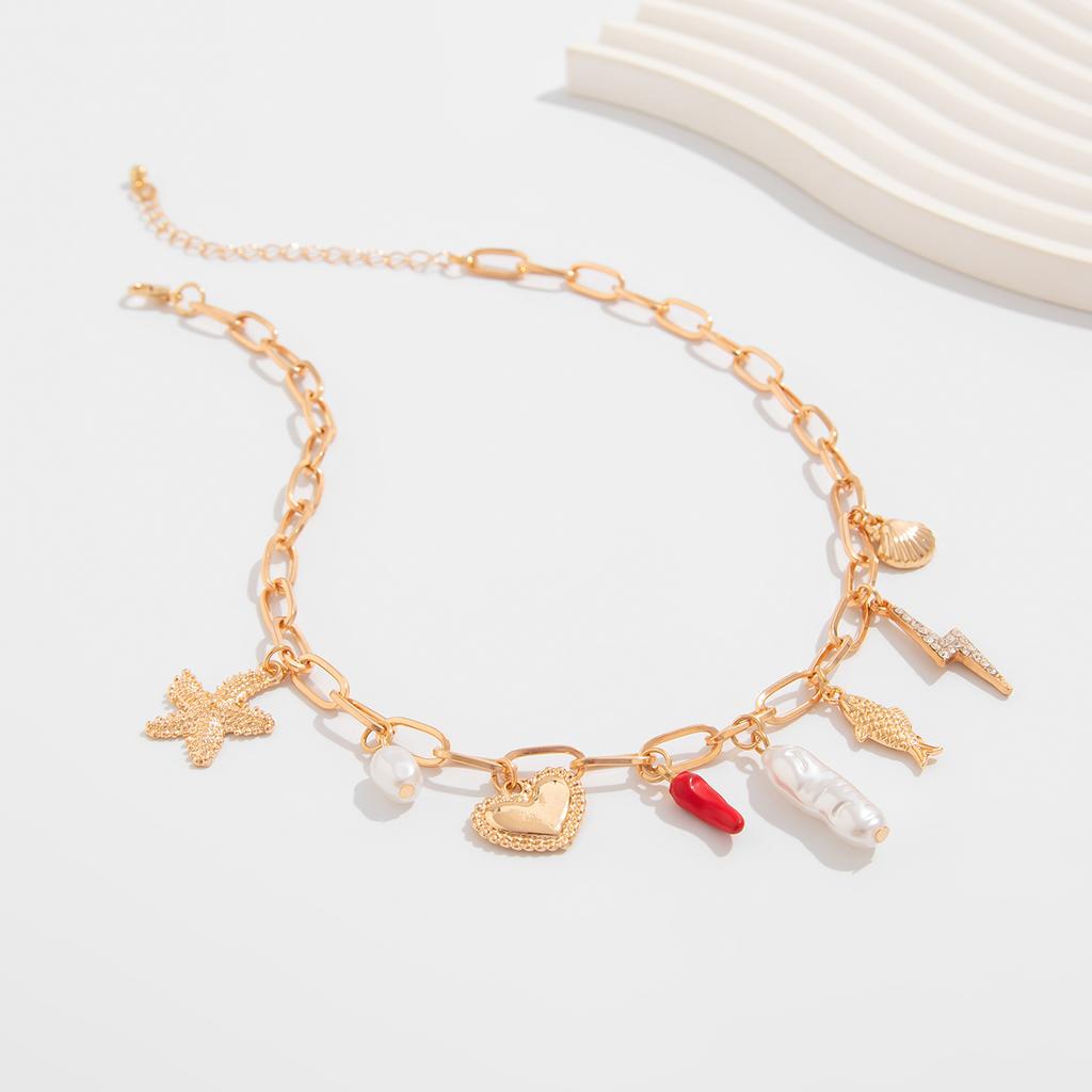 SHIXIN Starfish Conch Love Heart Imitation Pearl Red Chili Pendant Necklace Women Adjustable Clavicle Chain Summer Beach Jewelry