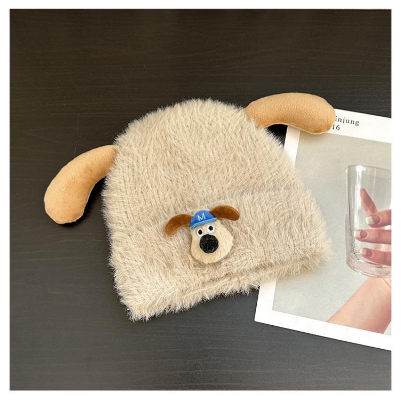 Cute and sweet cartoon puppy plush hat female autumn and winter thickened warm wool knitted hat bag head ear protection hat