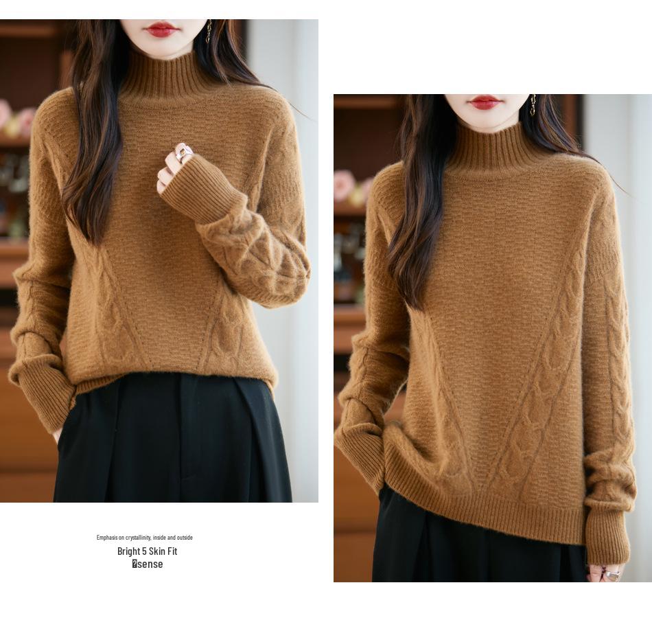 Women's 100% Pure Wool High Neck Cable Knit Sweater, Thickened Loose Fit, Autumn/Winter 2026 Style.