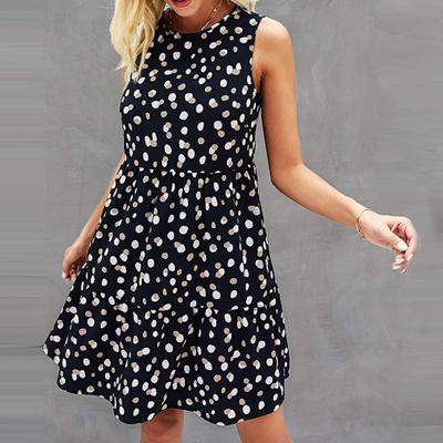 Rochie de soare pentru femei la modă, fără mâneci, confortabilă, cu toate se potrivesc cu puncte, imprimeu, fără mâneci, cu tiv mare, până la genunchi, pentru petrecere