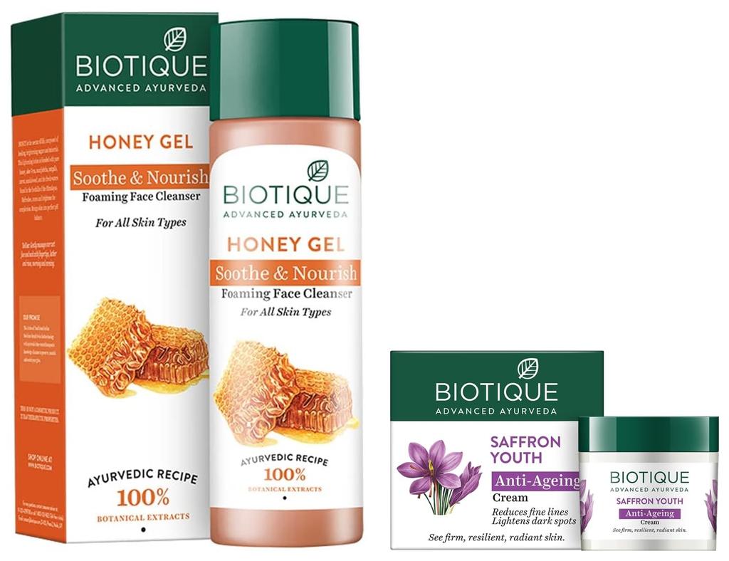 Biotique Bio Saffron Dew Youthful Nourishing Day Cream For All Skin Types, 50g & Bio Honey Gel Refreshing Foaming Face Cleanser, 120ml