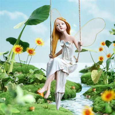 Fairy Statue Playing Swing Flower Fairy Hanging Resin Statues with Rope for Outdoor Garden DIY Decorations Home Craft Ornaments