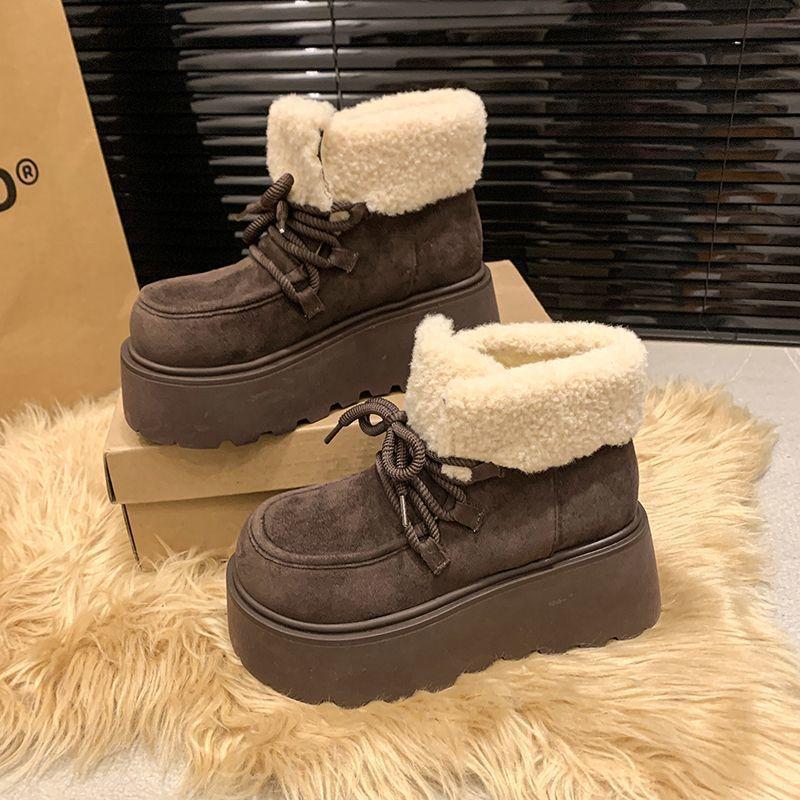Short Tube Plush Wool Northeast Large Cotton Shoes Winter 2025 New Heightening Big Head Lace-up Thick-soled Snow Boots Women