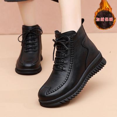 Winter New Mother Cotton Shoes Middle-aged Flat-bottomed Non-slip Women's Shoes Middle-aged and Elderly Velvet Warm Short Boots Northeast Leather Sho