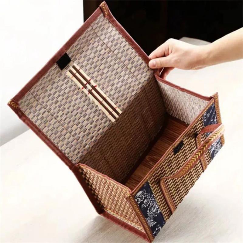 Folding Bamboo Woven Fruit Basket Handheld Handle Fruit Shopping Food Basket Picnic Food Storage Basket For Outdoor