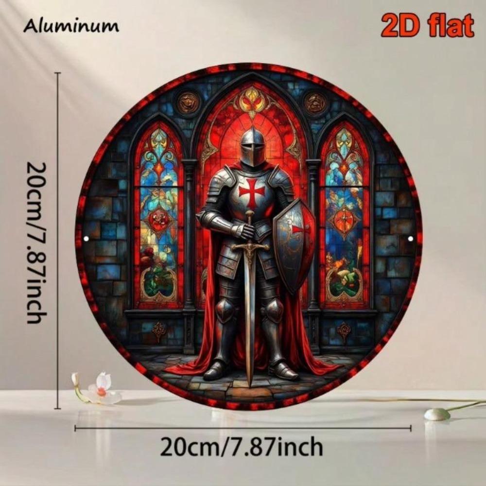 Vintage Kreuzritter Metallblechschild 20x20 cm Buntglas Wandkunst Plakette
