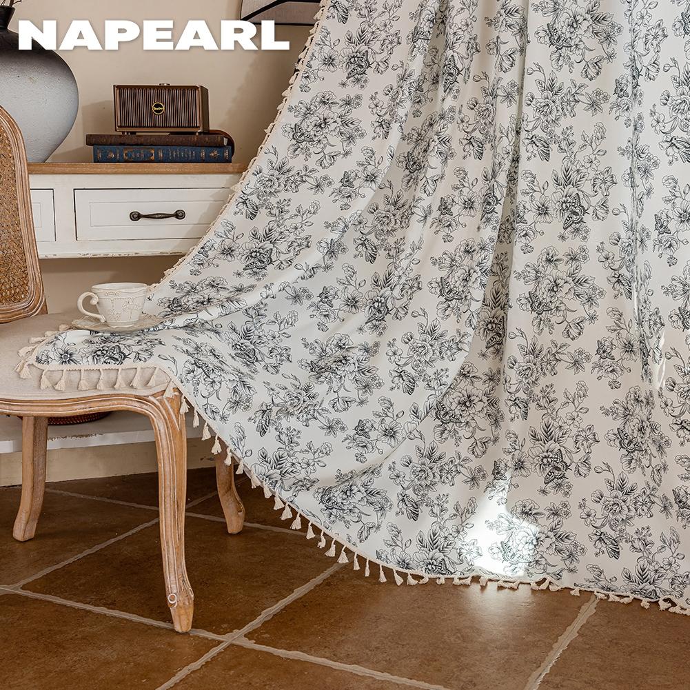 1PC NAPEARL Retro Black and White Floral Curtains with Tassel Edges and Semi Blackout Curtains for Window Kitchen Bedroom Living Room Home Decor