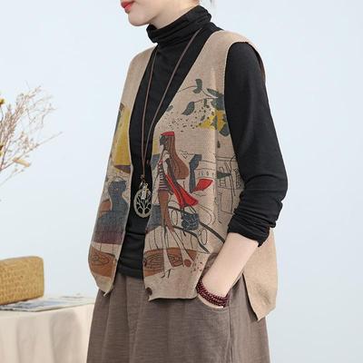 Retro Loose Printed Knitted Vest Women's Single Breasted Cardigan Large Sleeveless Camisole Jacket Printed Sweater Harajuku Style New Fashion Autumn