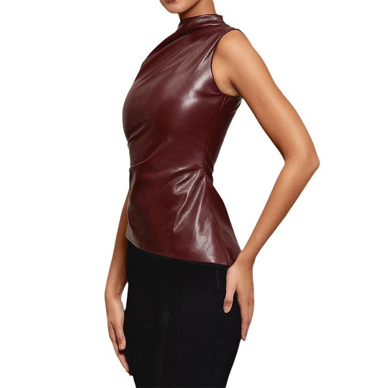 Sleeveless Leather Vest Wind Women's Clothing Leather Stand-up Collar Personalized Waist Irregular Hem Sleeveless Top