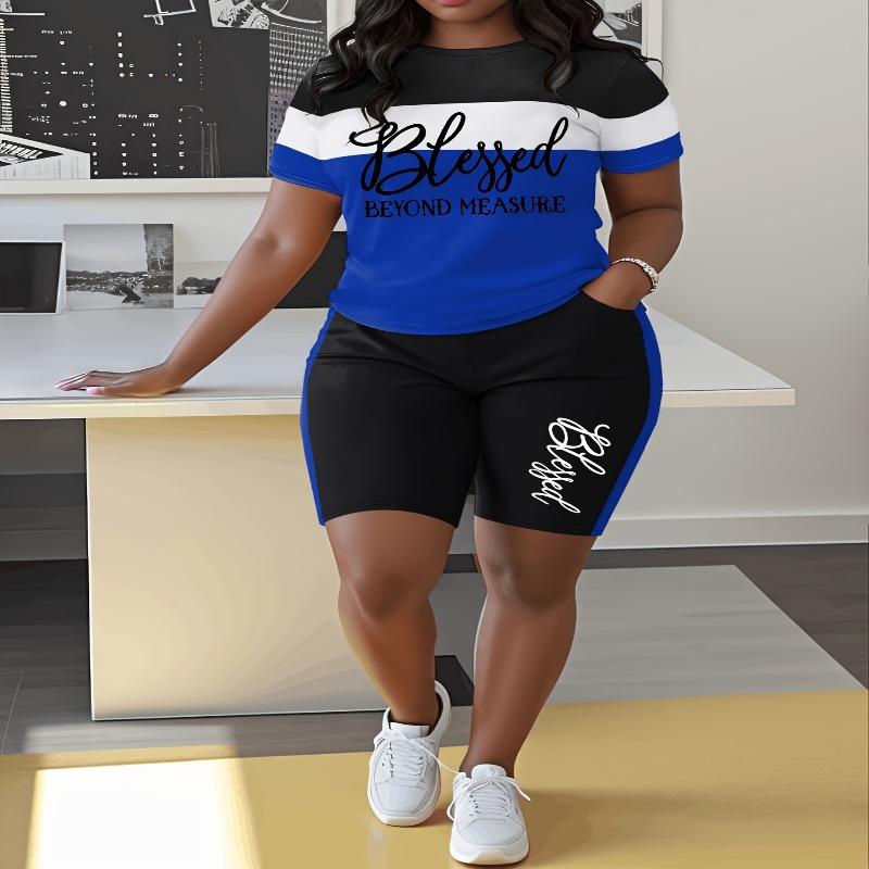 Women's Casual Short-sleeved Shorts Striped Suit, Thanksgiving Letter Print, Pants with Pockets