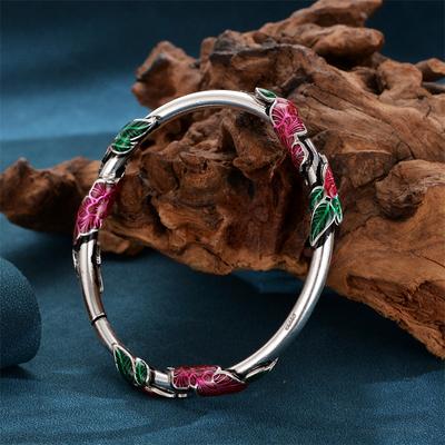 Yeni Çiçek Yanık Mavi Vintage Emaye Renkli Bileklik Kadın Cloisonne Lotus Kenar Yaprak Gümüş Bileklik Anne İçin Doğum Günü Hediyesi Olarak