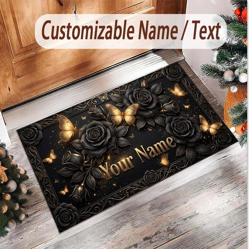 Rose Floral Theme Soft Crystal Velvet Rug Custom Name & Text Print Non Slip Floor Rug for Bedroom Living Room