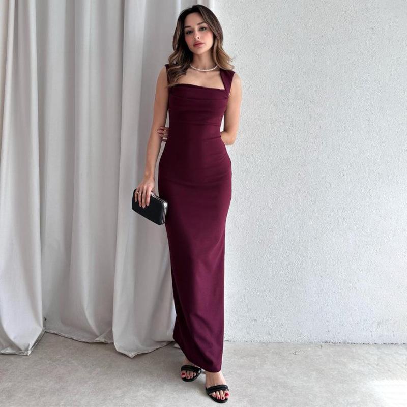 2025 Women's Sleeveless Square Neck Solid Color Bodycon Midi Dress
