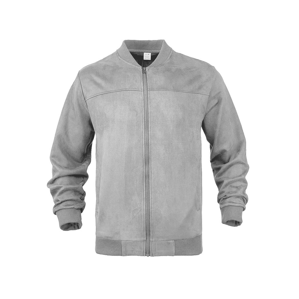 Men Faux Suede Bomber Jacket Stand Collar Full Zip Up Long Sleeve Solid Color Casual Outerwear Fall Daily Streetwear Coat
