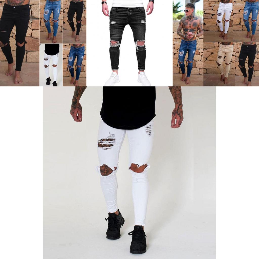 Premium Quality Slim Destroyed Stretchy Ripped Skinny Biker Jeans For Men Taped Fit Denim Pants