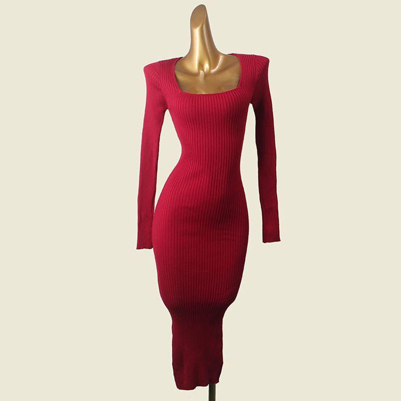 Square Collar Elegant Autumn and Winter Inner Wear Knitted Long Dress Foreign Trade Original Order Sexy New Year Atmosphere Banquet Sheath Base Skirt