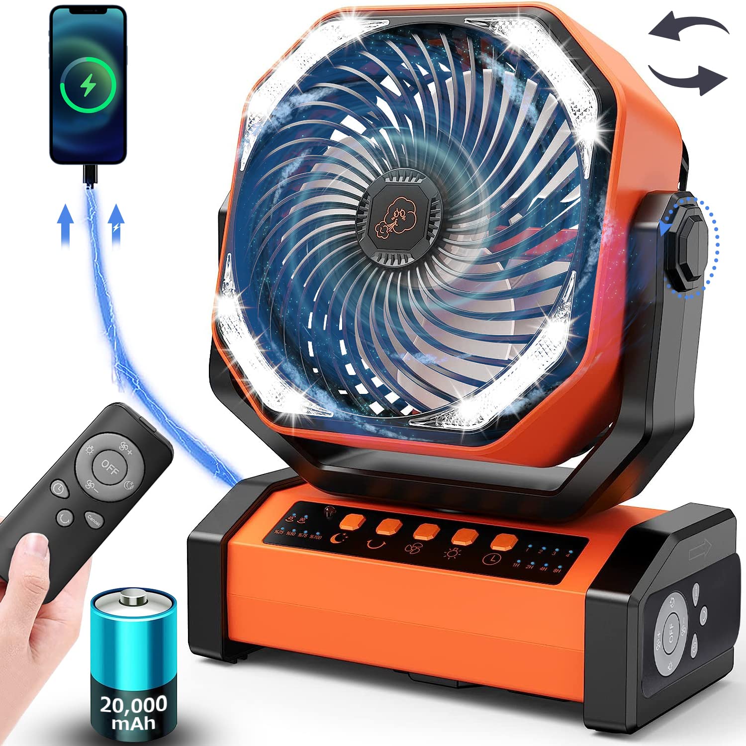 

Колебание Перезаряжаемый Пульт Выкл 4 Ветра LED Мощный Жар На улице Катастрофа Оранжевый [Автоматический и 20 000 мАч] Вентилятор, Кемпинг, На улице, Вентилятор, Беспроводной,