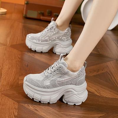 Daddy Shoes Women's 2025 Spring New Lightweight and Fashionable Versatile Platform Muffin Shoes Mesh Rhinestone Inner Height-increasing Women's Shoes