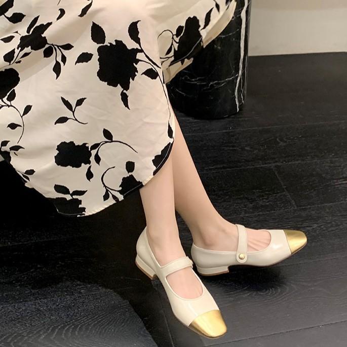 Sheepskin one-word belt color matching leather shoes gentle French light mouth Mary Jane shoes women's single shoes fairy flat shoes