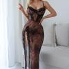 Women’s Long Lace Leopard Print Camisole Nightgown High Slit Spaghetti Strap Lingerie Sleep Dress