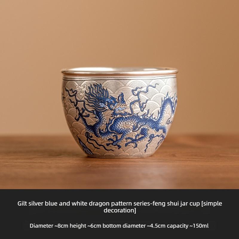 Gilded Silver Blue White Porcelain Dragon Tea Cup Feng Shui Master Cup Handmade Ceramic Gongfu Tea Tasting Cup for Home Decor