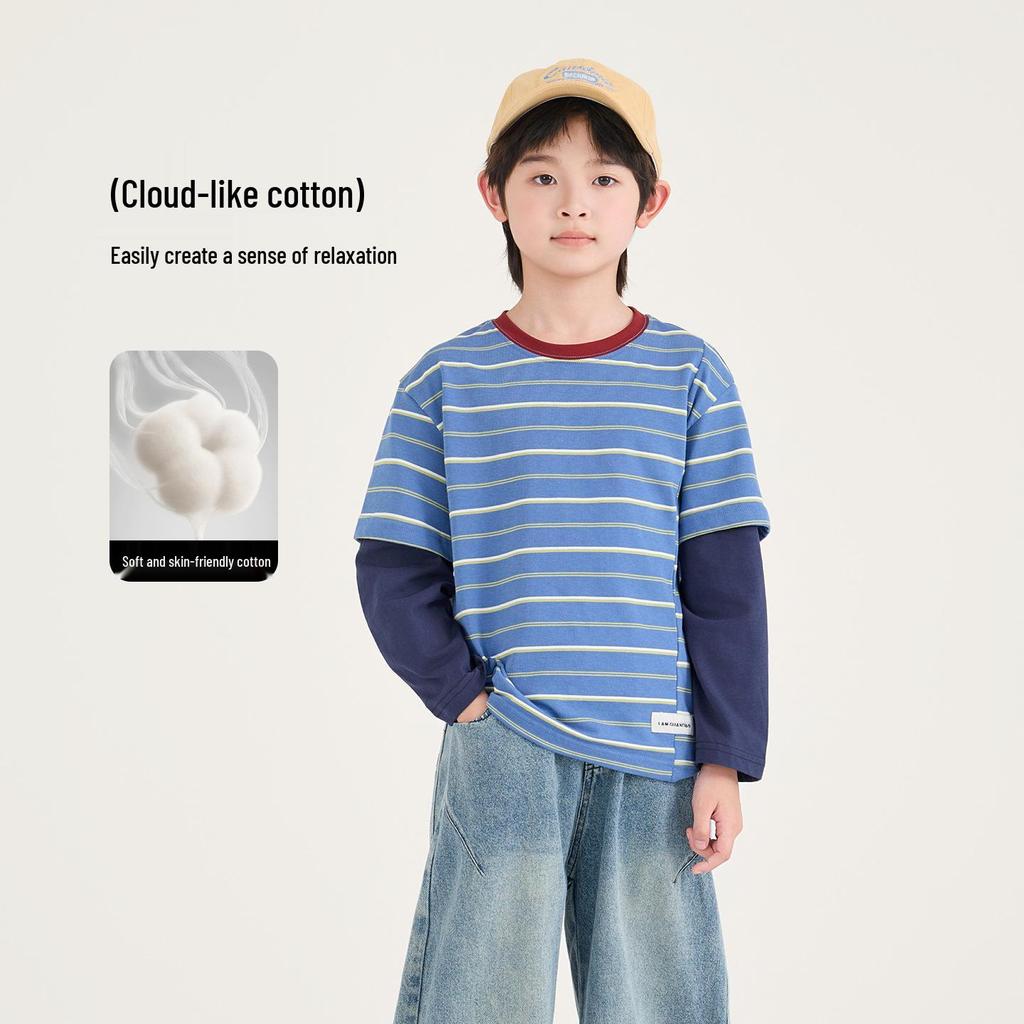 2026 Autumn Korean Style Kids' Striped Long-Sleeve T-shirt - Boys' Casual Relaxed Two-Piece Look