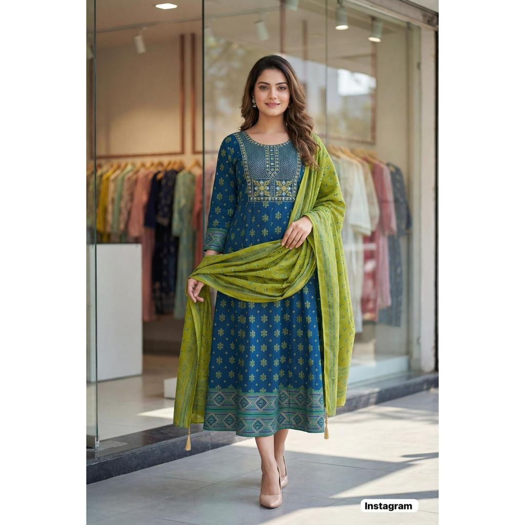 Beautiful Heavy Rayon Designer Kurti Set Women's Anarkali Kurta with Dupatta Set