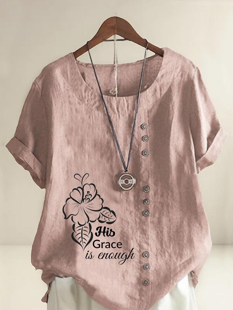 Women s Fashion Flower Letter Lines Print Shot Sleeve T-shirt Loose Cotton Shirt Casual Loose Summer Blouse Tops Plus Size S