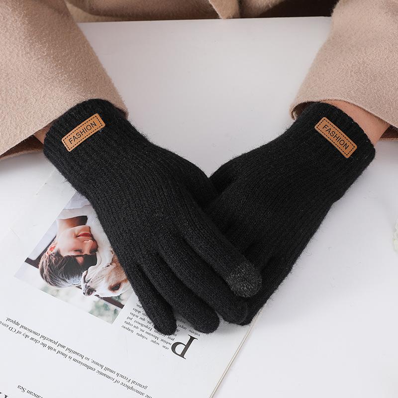 Winter Gloves Winter Girl Thickened Five-finger Student Cute Knitted Cold-proof Riding Touch Screen Warm Cycling Gloves