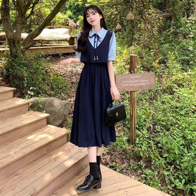 New academic style splicing fake two-piece short-sleeved dress for female students Korean version waist versatile over knee a-word skirt