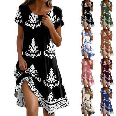 Women's Summer Short Sleeve Round Neck Floral Print Bohemian Dress With Pockets