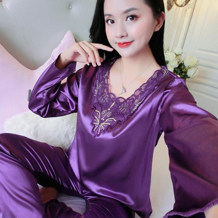 GMXIA Spring and Autumn Thin Ice Silk Pajamas for Women, Long-sleeved Lace for Summer, Smooth and Sexy Two-piece Set Home Wear for Women
